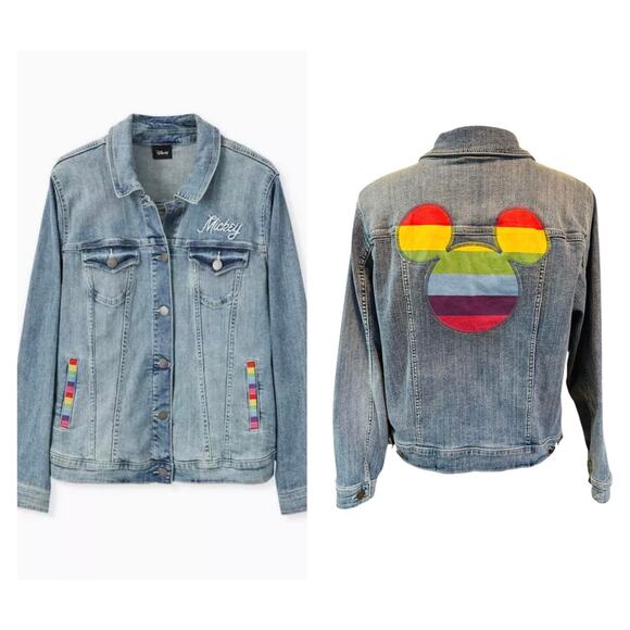 Torrid 3 (3x 22/24) Disney Mickey Mouse Blue Denim‎ Rainbow Gay Pride Jacket New - Picture 1 of 3